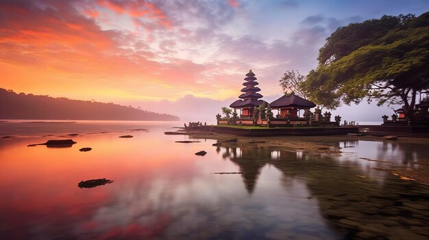 Antiker pura ulun danu bratan besakih oder berühmter hinduistischer Tempel und Tourist auf der Insel Bali bei Sonnenaufgang