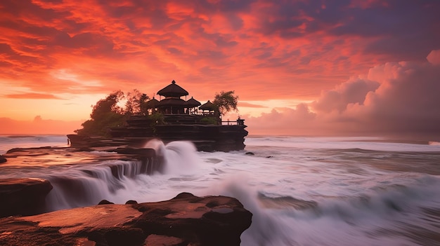 Antiker pura ulun danu bratan besakih oder berühmter hinduistischer Tempel und Tourist auf der Insel Bali bei Sonnenaufgang