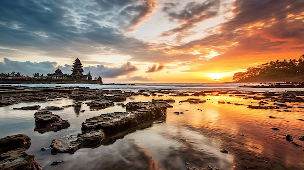 Antiker pura ulun danu bratan besakih oder berühmter hinduistischer Tempel und Tourist auf der Insel Bali bei Sonnenaufgang