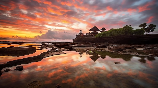 Antiker pura ulun danu bratan besakih oder berühmter hinduistischer Tempel und Tourist auf der Insel Bali bei Sonnenaufgang