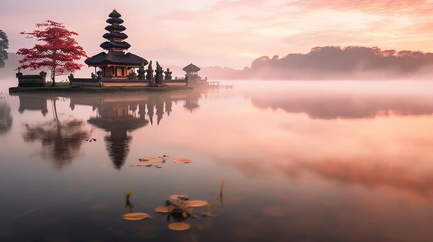 Antiker pura ulun danu bratan besakih oder berühmter hinduistischer Tempel und Tourist auf der Insel Bali bei Sonnenaufgang