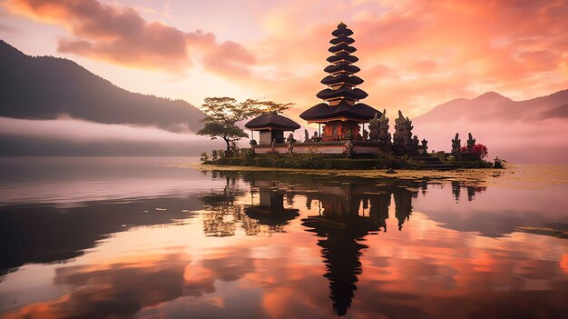 Antiker pura ulun danu bratan besakih oder berühmter hinduistischer Tempel und Tourist auf der Insel Bali bei Sonnenaufgang