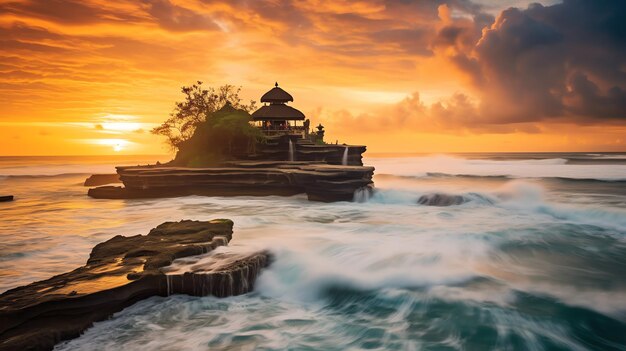 Foto antiker pura ulun danu bratan besakih oder berühmter hinduistischer tempel und tourist auf der insel bali bei sonnenaufgang