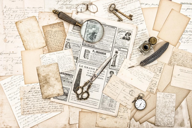 Antikes Bürozubehör alte Briefe und Postkarten im Vintage-Stil
