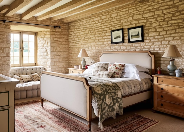 Foto antikes cottage-schlafzimmerdekor, innenarchitektur und ferienmietbett mit eleganter bettwäsche und möbeln im englischen landhausstil, nachverarbeitete generative ki