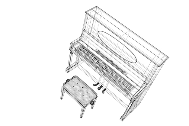 Antikes Klavier mit Pfad, 3D-Modell Körperstruktur, Drahtmodell