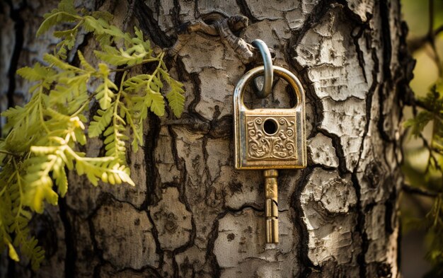 Foto antikes türschloss und alte schlüssel an einem baum finden sie ihren passenden schlüssel zum schloss