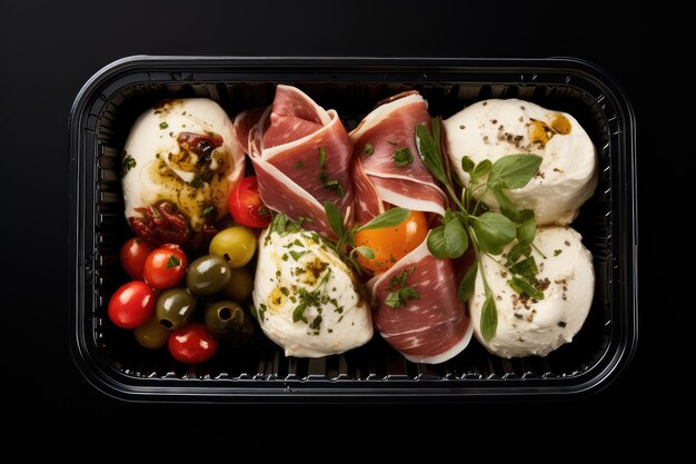 Antipasti italiano con pimientos pequeños rellenos con queso con crema aceitunas encurtidas setas marinadas bolas de mozzarella picantes Antipasti en embalaje Ilustración generativa de IA