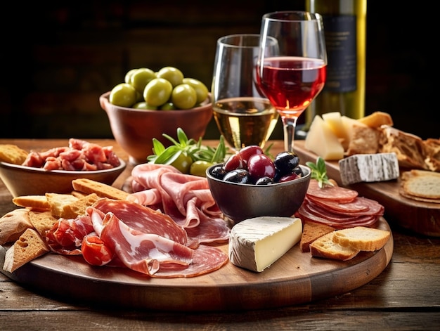 Antipasti-Platte auf Holzoberfläche Flasche und Glas Wein verschiedene Snacks Generative KI