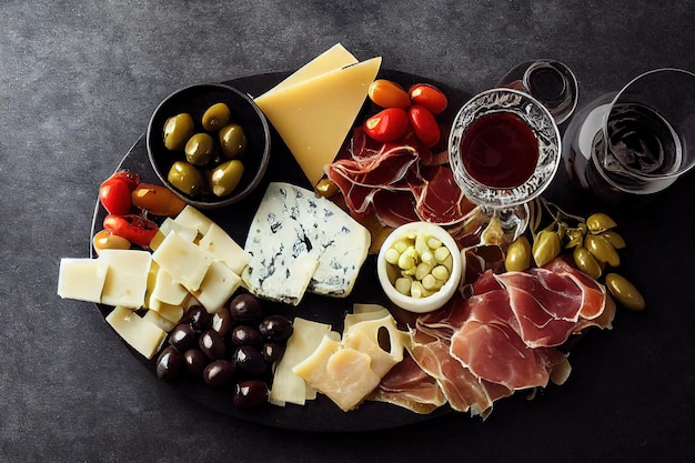 Antipasti-Zutaten für Bruschetta-Fleisch-Wurst-Speck-Käse-Oliven auf schwarzem Hintergrund