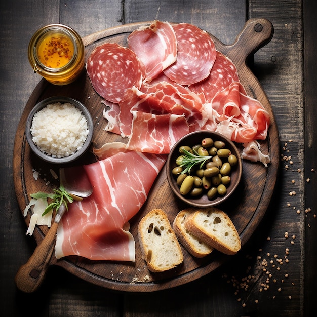 Antipasto comida italiana com prosciutto capers salame e vários outros ingredientes