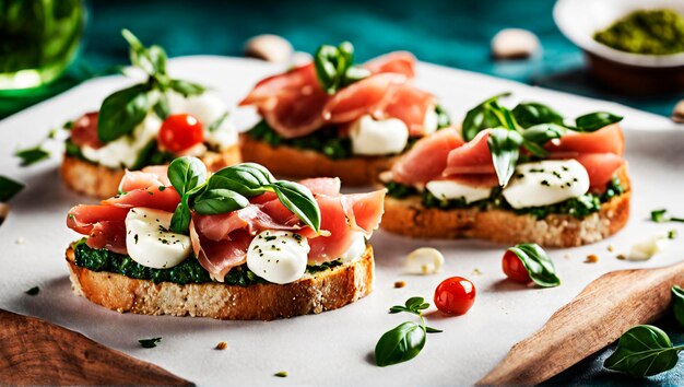 Antipasto italiano Mozzarella Prosciutto y Arugula Pesto Bruschetta