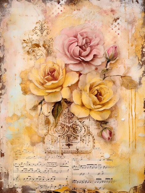 Foto antique rose royal yellow romantic journal página con acentos dorados de fondo de papel viejo