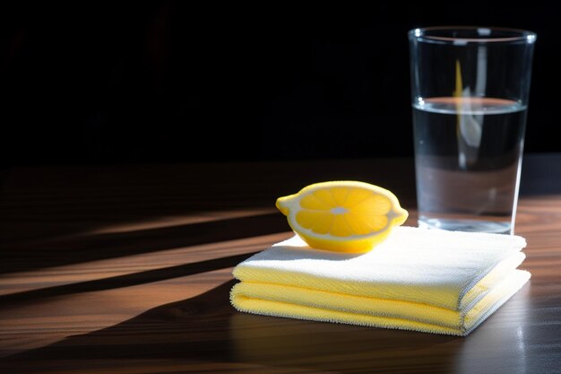 Foto antiseptico y servilleta para desinfectar superficies en una mesa negra con luz de fondo