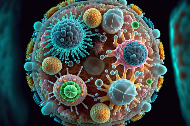 Antiwissenschaftliche Illustration von Virusinfektionen unter dem Mikroskop, erstellt mit generativer KI