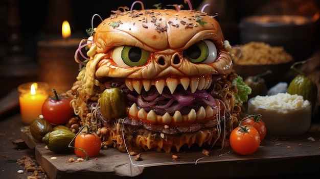 Foto antojos monstruosos la hamburguesa de halloween y sus sabrosos ingredientes