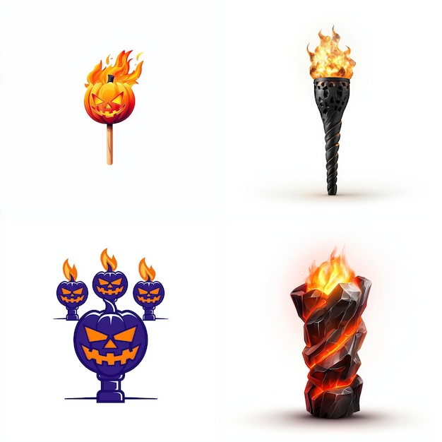 Antorcha ardiente con un brillo espeluznante icono de juego de Halloween sobre un fondo blanco