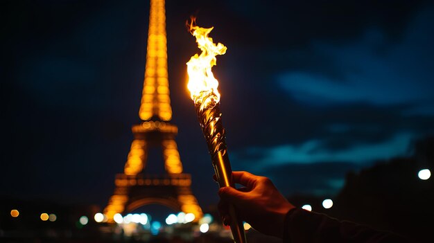 Antorcha ardiente en la mano de un atleta como símbolo de los Juegos Olímpicos en París Francia Torre Eiffel en el fondo Juegos Olímpicos de 2024 llama en París
