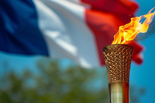 Antorcha en llamas frente a la bandera francesa.