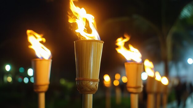 Las antorchas tropicales nocturnas iluminan el camino
