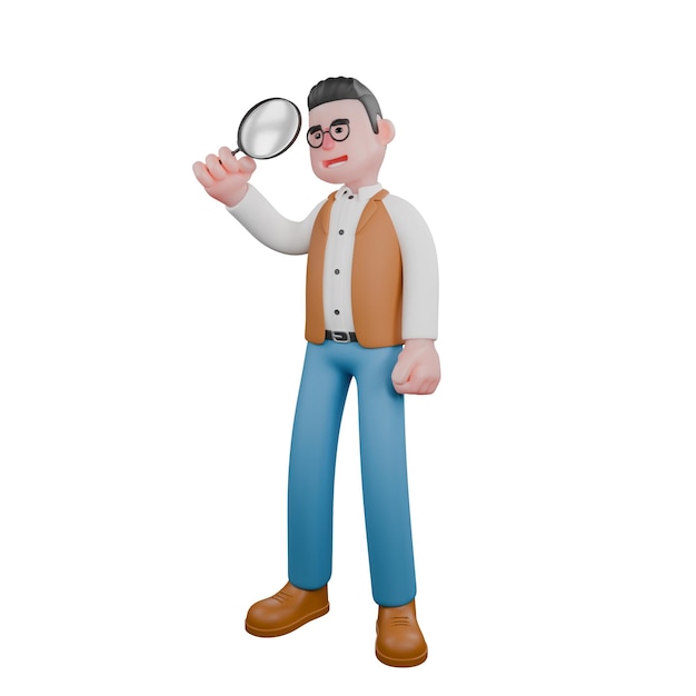 Un antropólogo masculino está de pie mientras mira la lupa que sostiene en 3D