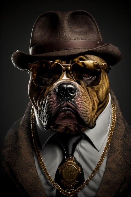 Foto antropomórfico perro cazador de la mafia jefe en gafas de sol mascota swagger ai generado