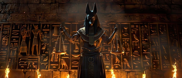 Anubis, dios del inframundo, con la balanza del juicio rodeada.