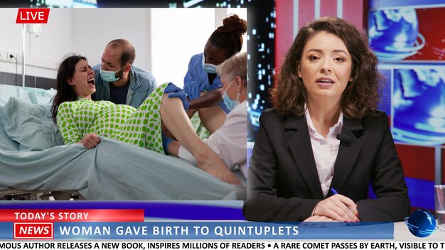 Anunciante de notícias fazendo uma reportagem de uma nova mãe dando à luz cinco filhos discutindo sobre a dor do parto Mulher apresentando um parto milagroso canal de notícias