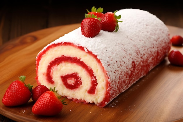Foto anunciar com design de cozimento de morango com rolo de gelatina de bolo curto