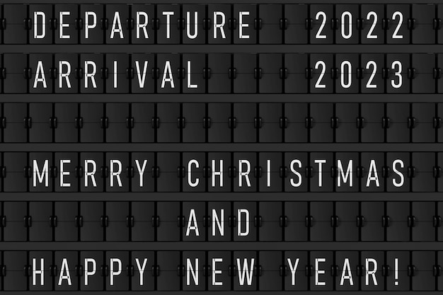 Anuncio del aeropuerto Flip Mechanical Timetable con Hapy Merry Christmas y Happy New 2023 Year Sign 3d Rendering