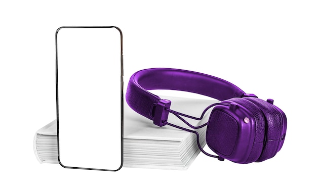 Foto anúncio de aplicativo de audiolivro móvel na maquete do quadro da tela do telefone maquete de literatura e fones de ouvido para ouvir audiolivros