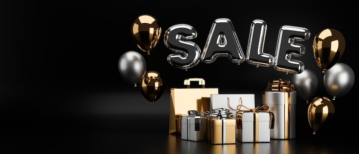 Foto anúncio de luxo design de banner com banner de venda preto e dourado em fundo preto