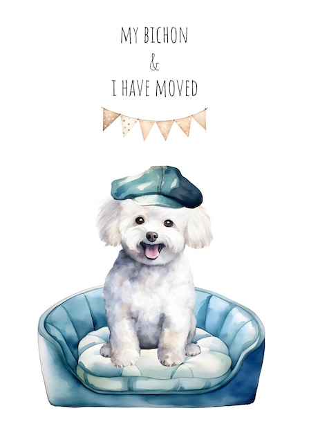 Anúncio de mudança de amante de cães Raça de bichon aquarela Mudamos o cartão Cão em movimento