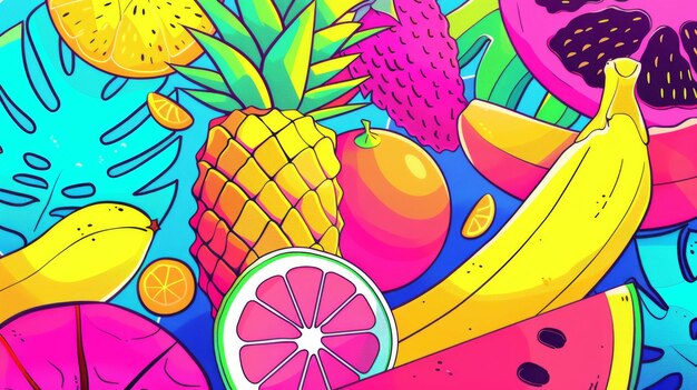 Anúncio de promoção de venda de verão com arte de linha de frutas tropicais vívidas