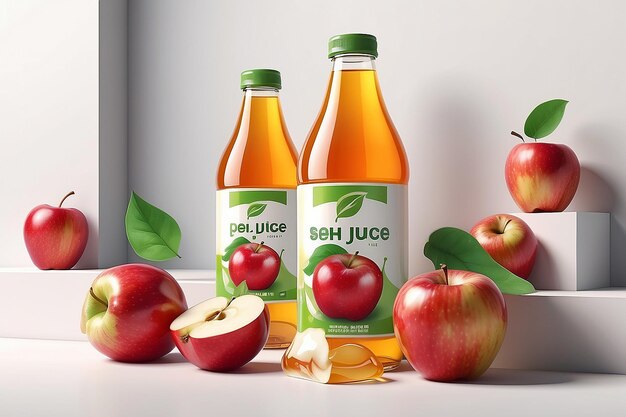 Foto anúncio de suco de maçã fresco em ilustração 3d garrafa de suco realista colocada na parede branca com maçã descascada