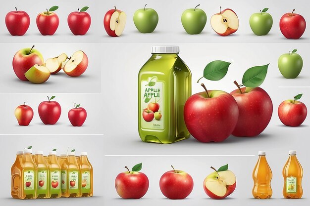 Foto anúncio de suco de maçã fresco em ilustração 3d garrafa de suco realista colocada na parede branca com maçã descascada