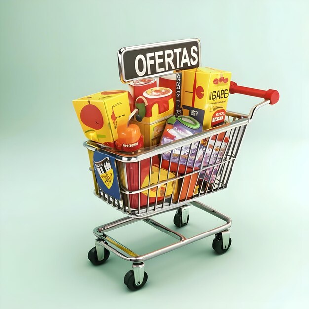 Foto anúncio de venda promocional de compras de supermercado carrinho de compras rápido cheio de alimentos frescos e coloridos
