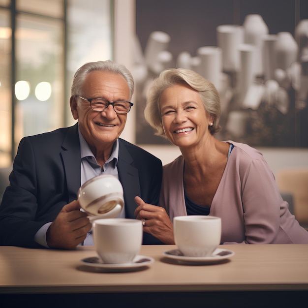 Anúncio de xícara de café de sessão de marca para um casal velho