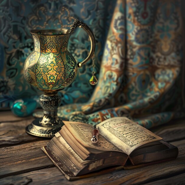 Un anuncio para Eid al fitr con una lámpara y un libro en él