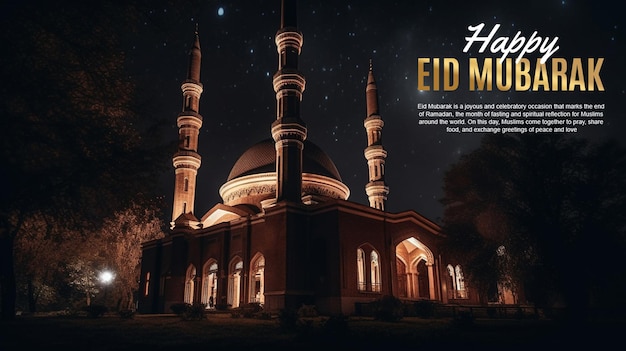 Un anuncio de eid mubarak con una mezquita al fondo