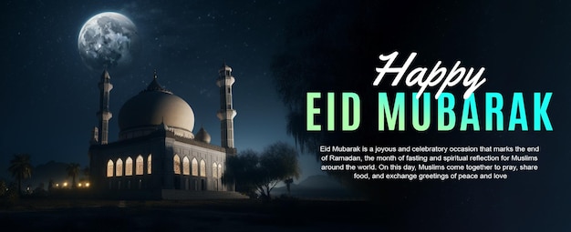 Un anuncio de eid mubarak con una mezquita al fondo