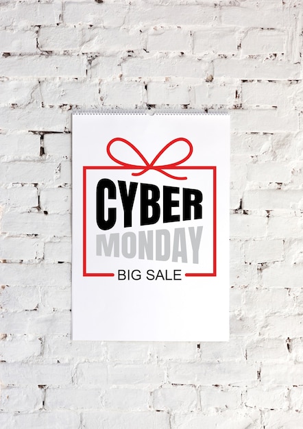 Anuncio de letras de Cyber Monday sobre fondo de pared de ladrillo blanco. Copyspace, espacio negativo para tu publicidad. Viernes negro, ventas, finanzas, publicidad, dinero, finanzas, concepto de compras.