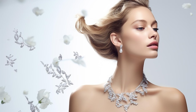 Anuncio de una marca de joyas de lujo con una mujer modelo disparando diamantes brillantes