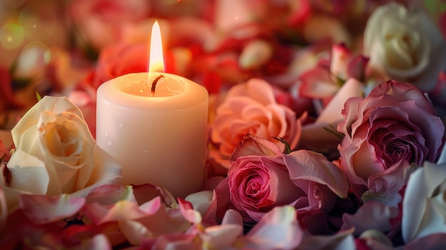 Anuncio de obituario con vela blanca rodeada de rosas y pétalos de flores