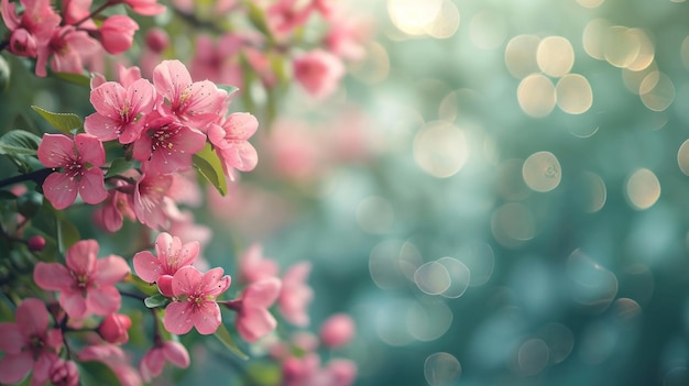 Anuncio de primavera nackground natural con flores, luces bokeh y espacio para copiar.