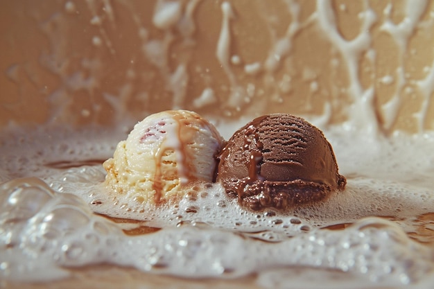 Anúncio realista de sorvete de baunilha e chocolate