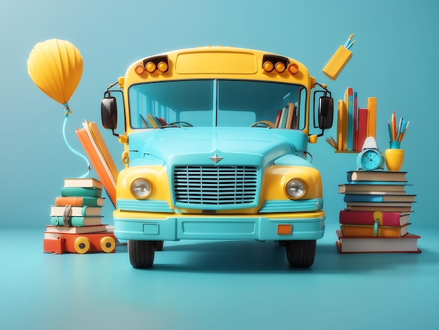 Anuncio de regreso a la escuela Autobús escolar gracioso con libros y accesorios en fondo azul turquesa IA