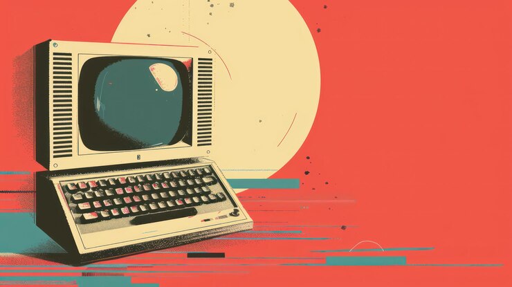 Foto un anuncio retro de computadora con fuentes y gráficos en negrita