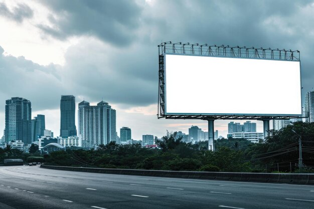 Anuncio urbano cartel en blanco con vista a la ciudad en el fondo