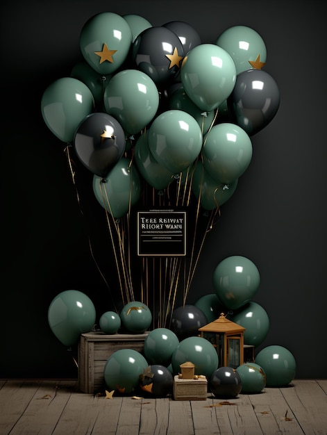 Anuncio de venta de viernes negro con globos verdes y negros en fondo oscuro para comprar IA generativa